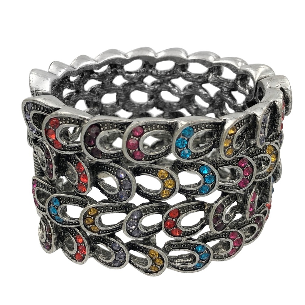 🔴 CLEARANCE Multicolor Rhinestone Silver Wide Statement Hinged Bangle Bracelet